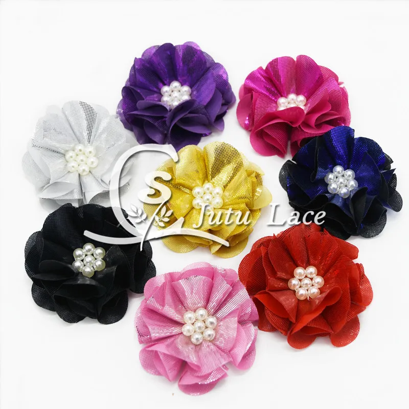 

120 pcs/lot , 2.5'' glitter shiny pearl flower , shabby shiny flower with pearl for headband 8 colors