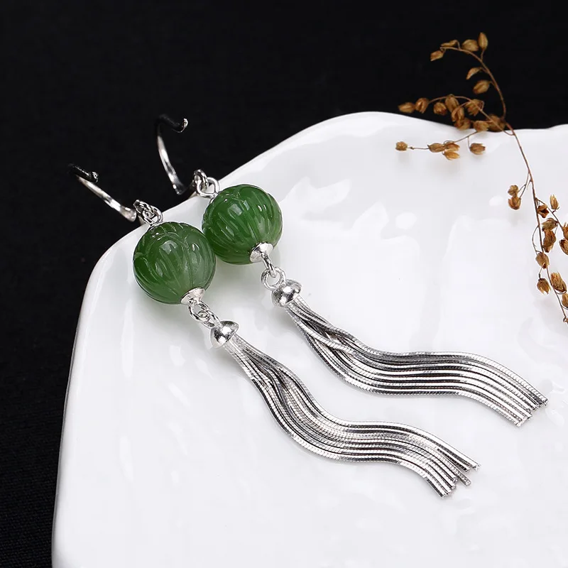 

Earings Fashion Jewelry S925 Pure Inlaid Natural Restoring Ancient Ways Ms Hetian Jade Lotus Tassels Eardrop Earrings Wholesale