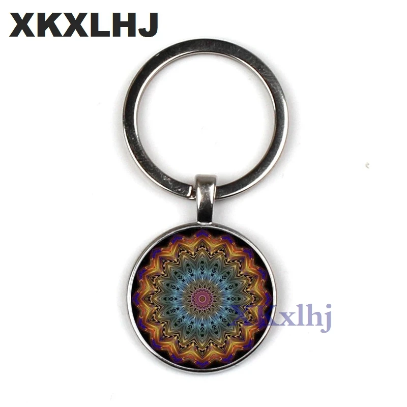 

XKXLHJ Vintage Fashion Men Women Mandala Glass Cabochon Keychain Buddhism Zen Charm Purse Bag Car Pendant Key Chain Holder