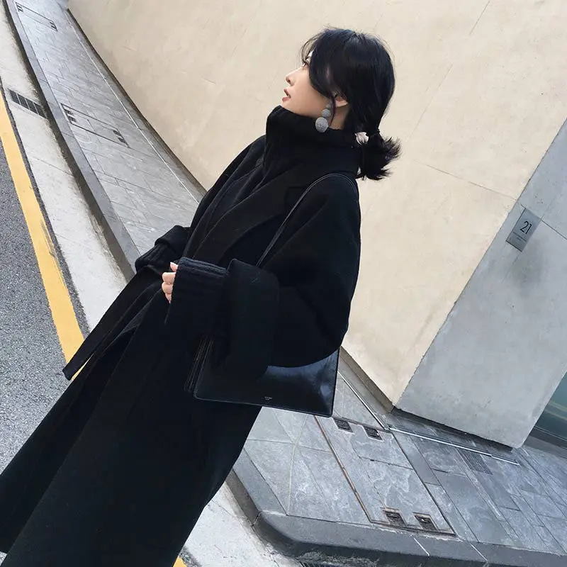

Woolen Coat Female Long Section 2018 Autumn Winter New Korean Fashion Solid Color Loose Large Size Woolen Coat With Belt LQ513