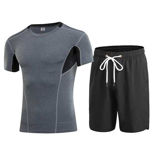top grey pant black Летний для мужчин's комплект для бега тренажерный зал фитнес-плотно рубашки с короткими рукавами и шорты для женщин спортивный костюм дышащие черны - Цвет: top grey pant black