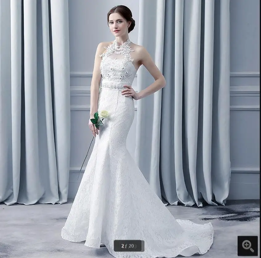 2017 стильное белое кружевное свадебное платье с лямкой на шее Русалка Кружева