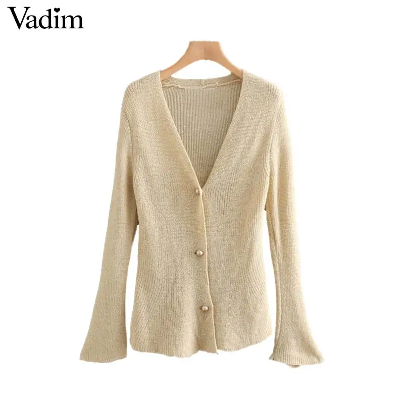 Vadim women elegant knitted V neck sweater flare long sleeve cardigans single breasted female casual tops HA387 |