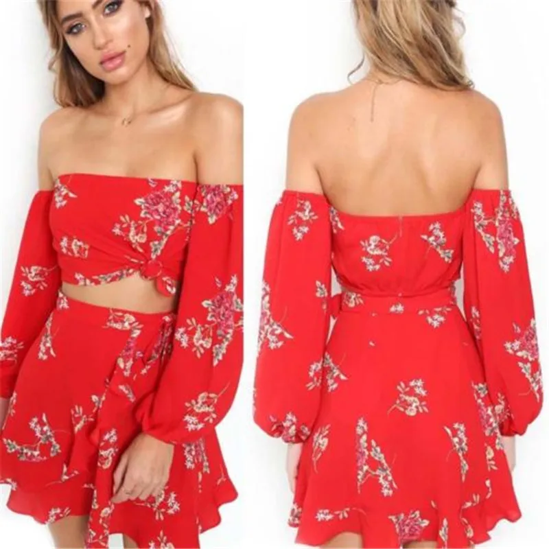

Fashion Women Ladies Off Shoulder Cotton Floral Casual Beach Two Piece Crop Top+ Skirt Sets Women Clothes