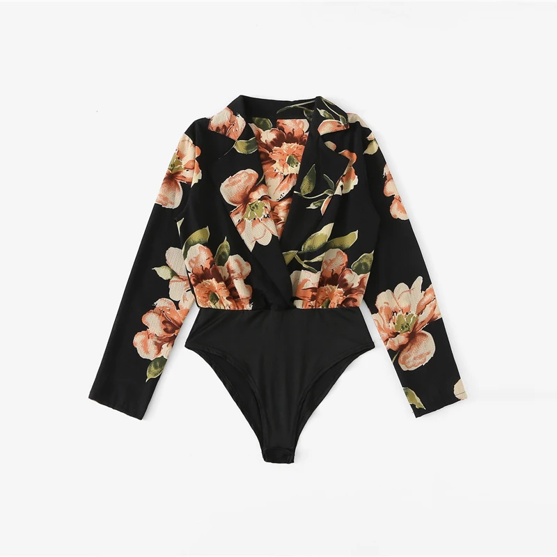 Sheinside, Модный Черный Зубчатый воротник, цветочный принт, рубашка, боди для женщин, весна, v-образный вырез, боди для девушек, базовые боди