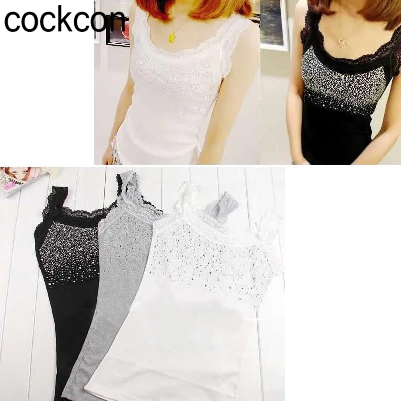 Женский кружевной топ с блестками стразы тонкая майка на бретельках модная