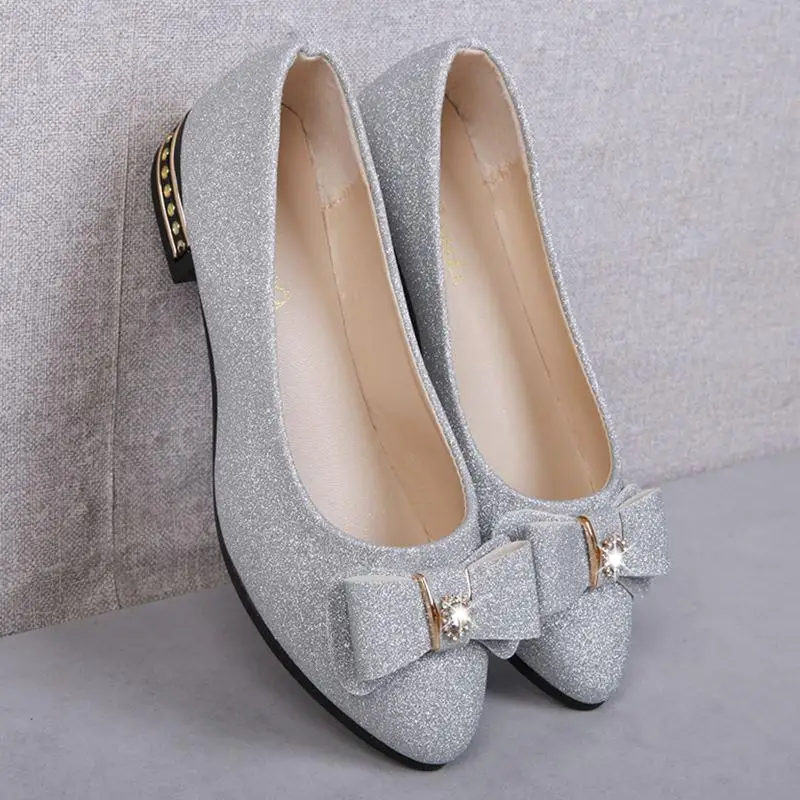 Single Shoe Women's Summer Korean Version Low-heeled Baitao Butterfly Knot Shoes Shallow Sequined Flat-soled Leisur14 - Цвет: Серебристый
