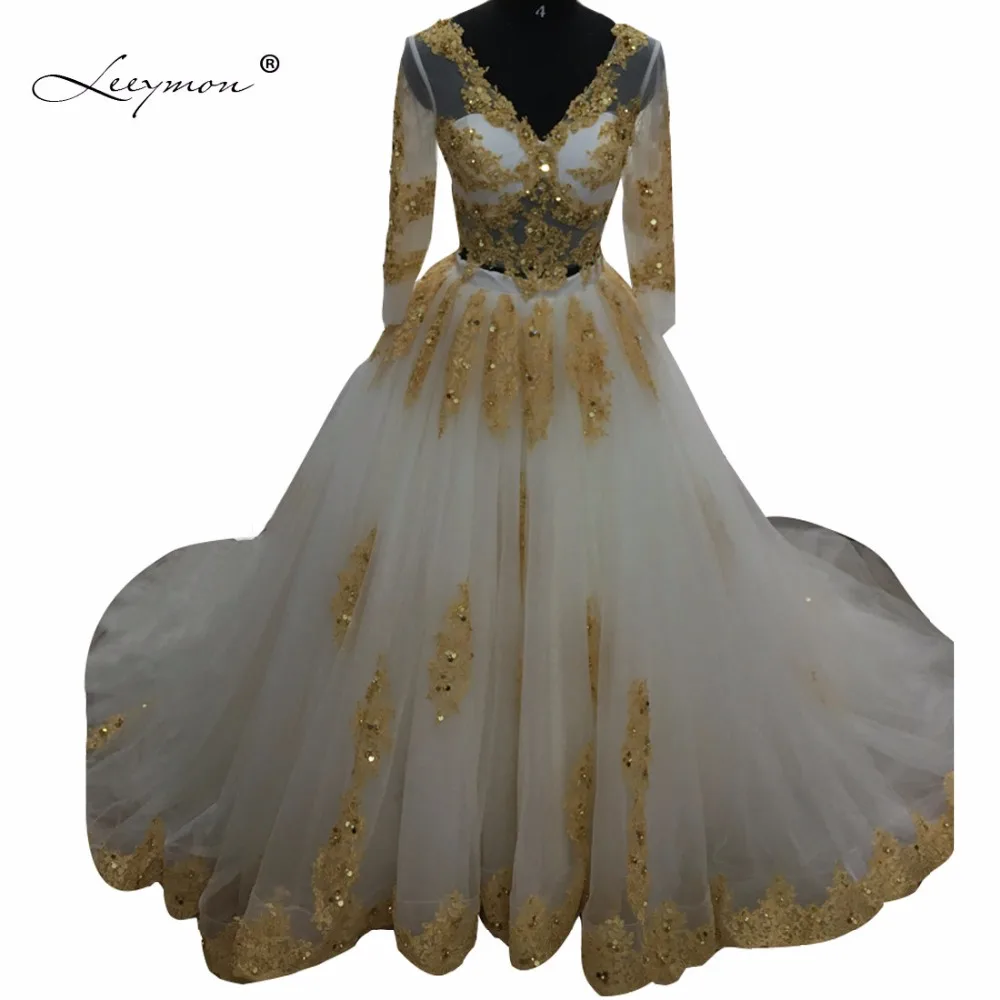 

Leeymon Luxury Muslim Rhinstone Ball Gown Two Pieces Wedding Dress White and Gold Bling Wedding Gown W45