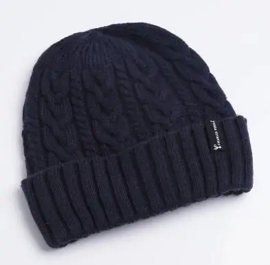 Тёмно-синий Шерсть кашемир Мужская зимняя шапка вязанная Skullies Beanies шапки Мужские двухслойные утолщенные шерстяные шапки D4315 - Цвет: Тёмно-синий