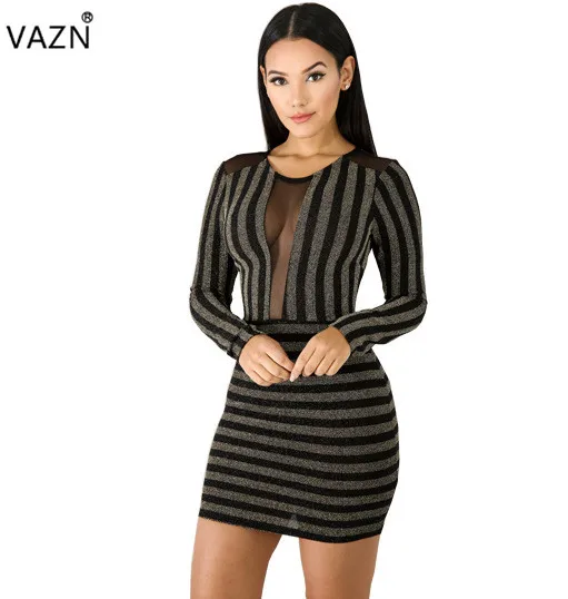 VAZN Весна Новый высокое качество пикантные 2019 для женщин полосатый Bodycon платье
