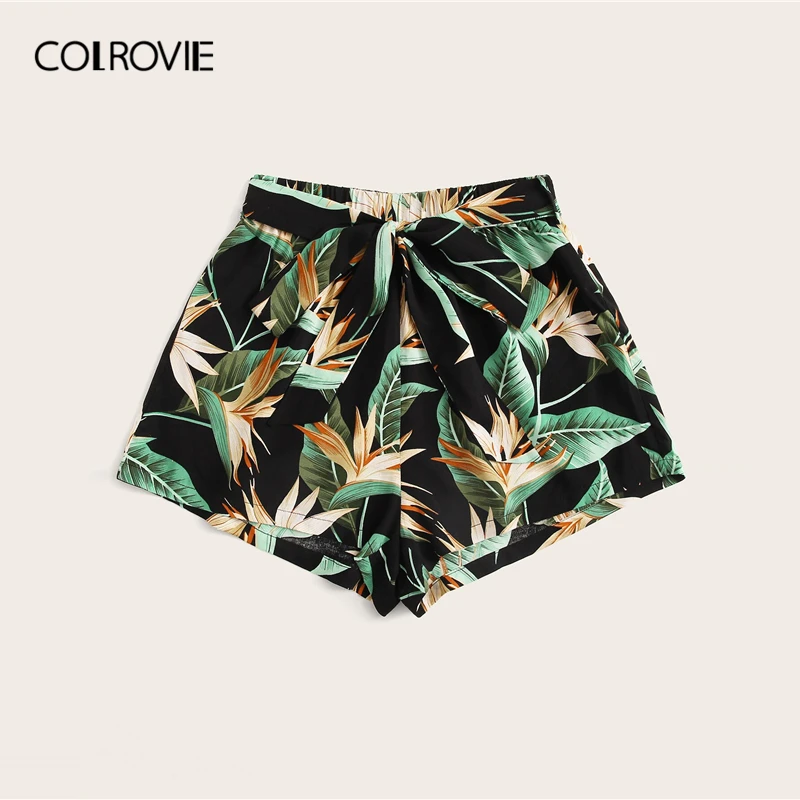 Шорты с поясом и тропическим принтом COLROVIE Boho Летние Повседневные Шорты Для Женщин летние праздничные Широкие пляжные шорты для отдыха женские шорты