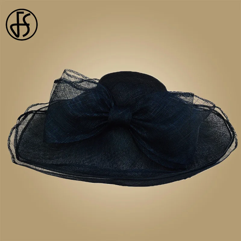 Black Fedora FS элегантные черно-белые шляпки-чародейки для свадьбы, церковные шляпки Sinamay с большим бантом, Шляпа Дерби из Кентукки, фетровые вечерние шляпы - Цвет: Black Fedora