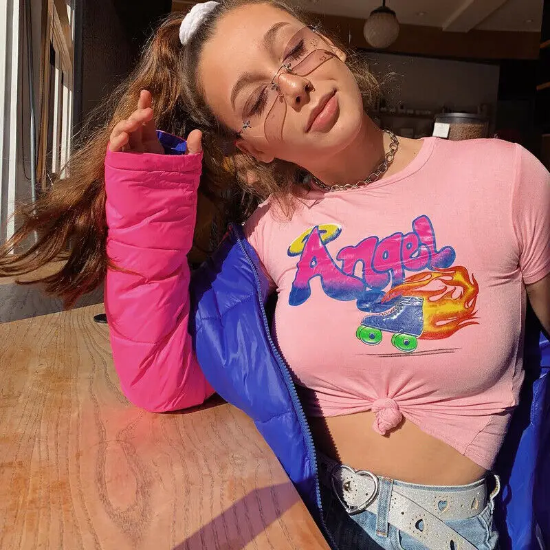 

New Pink Women Cute Letter Angel Print Cartoon Short Sleeve Pullover Shirt Crop Cami Beach Basic Tops