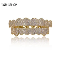 tophiphop golden silver hip hop teeth grill ice out micro pave zircon top and bottom teeth grill set teeth jewelry