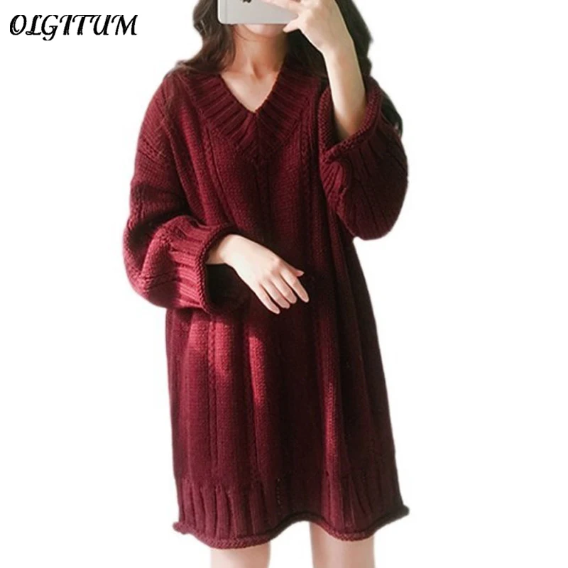 Women Long Sweater Dress Autumn/Winter New Sexy V-neck Loose Tops High Quality Soft Wild Pullover For Sweet Teen Girls 2019 Hot |