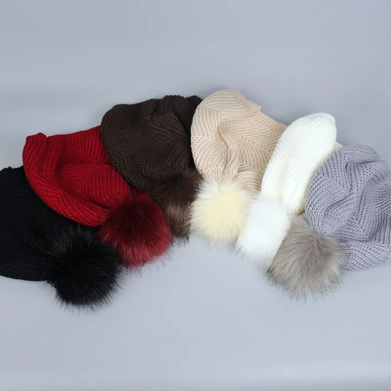 Оптовая продажа вязаная шапка из искусственного меха норки с помпонами шапочки