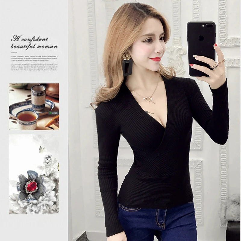 2021 New Sexy Deep V-Neck Ladies Sweater Women's Pullover Casual Slim Bottoming Sweaters Female Elastic Cotton Long Sleeve Tops | Женская