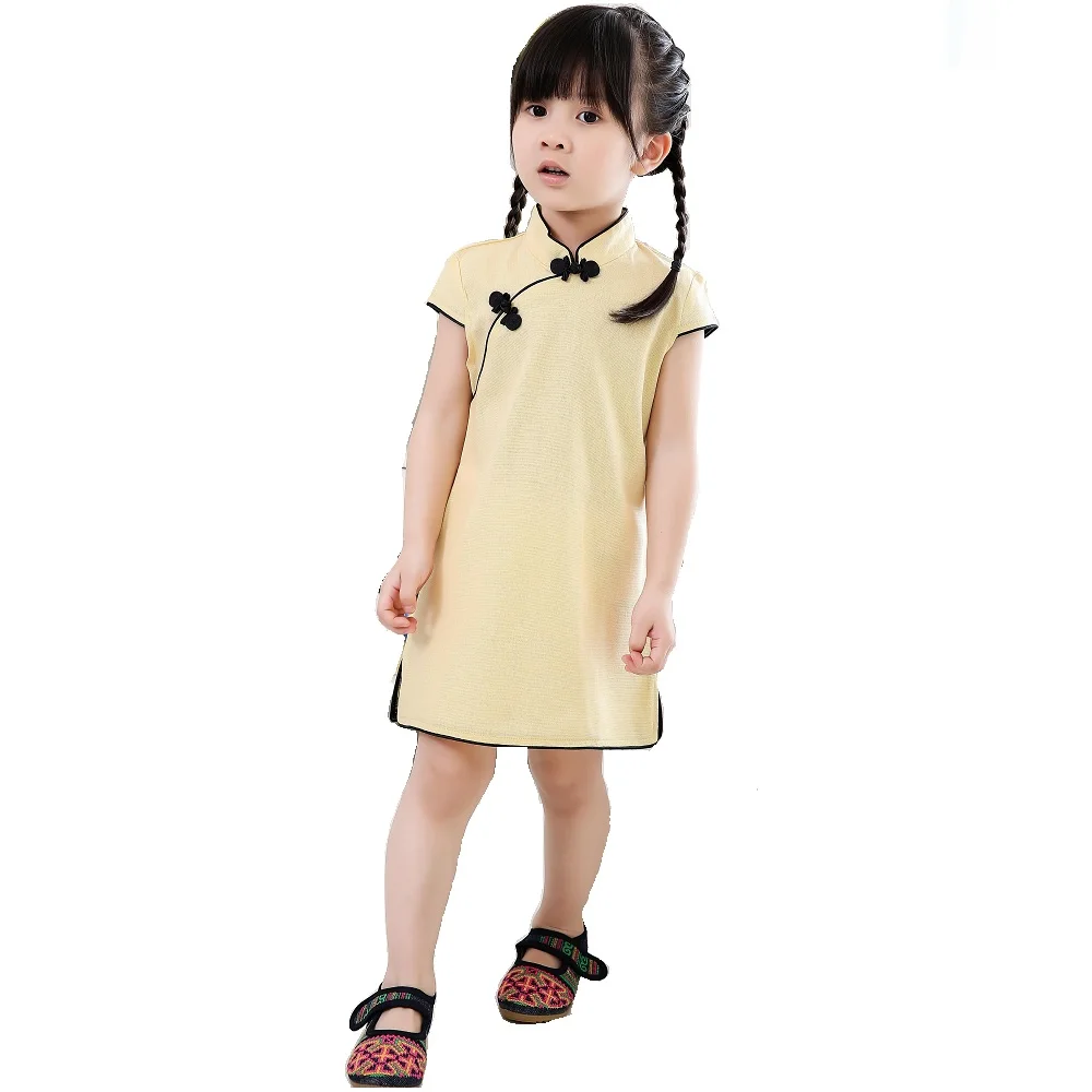 Chinese New Year Baby Girls Chi-Pao Dress Kids Traditional Qipao Candy Solid Children Cheongsam Linen Girl Clothes Jumper Blouse | Детская