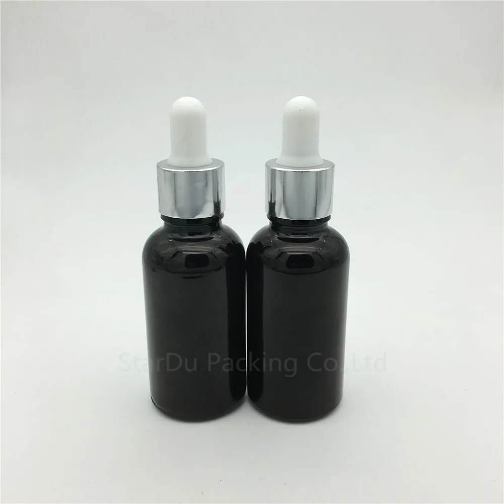 

200pcs 30ml Black Glass Essential Oil Bottle With Shiny Silver Aluminum Ring dropper, 30CC Glass Perfume Bottle