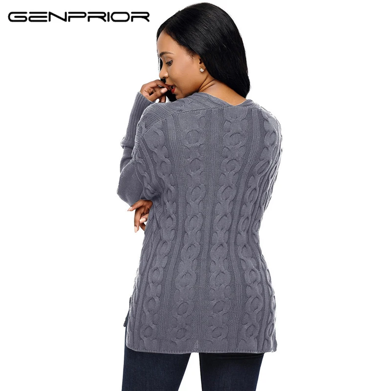 

GENPRIOR 2017 Autumn Winter New Large Size Women 100% Cotton Knitted Loose Sweater Long-sleeved V-neck Pullover Women's Sweater