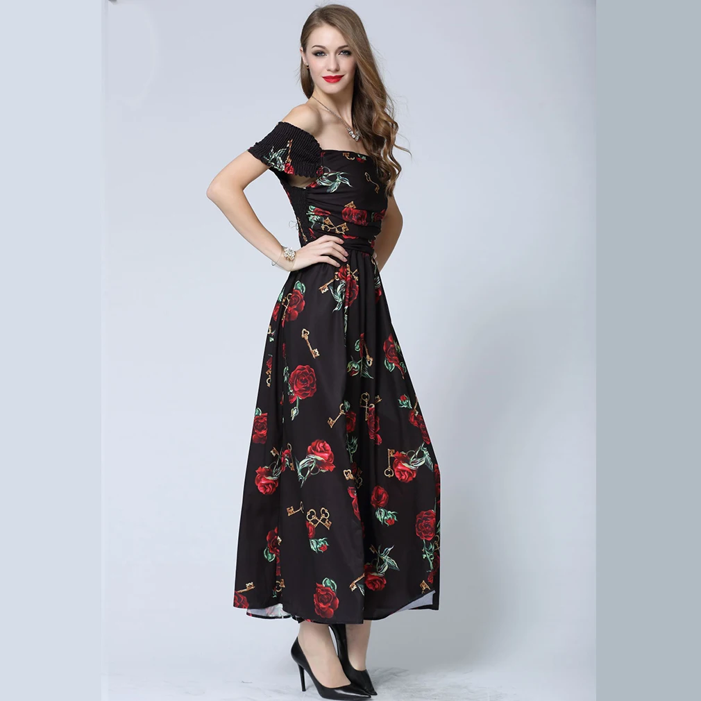 Европейское платье с розами и цветочным узором элегантное открытыми плечами