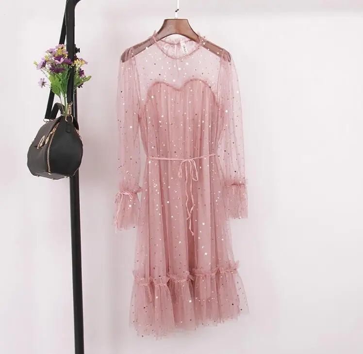 pink dress LISM сексуальное Макси прозрачное Сетчатое летнее платье элегантное ТРАПЕЦИЕВИДНОЕ стильное платье с расклешенными рукавами женское корейское весеннее женское платье с оборками - Цвет: pink dress