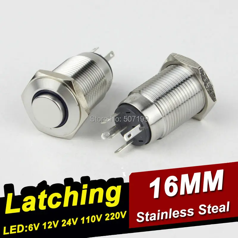 

10pcs/lot HABOO 16mm hign head with led switch stainless steal 1NO+1NC on-off metal push button switch 12V
