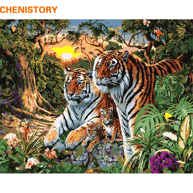 Картина по номерам CHENISTORY тигры семейные животные сделай сам Современная