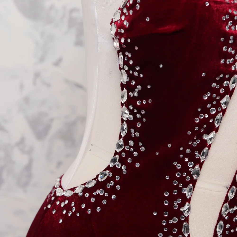 

Sexy Wine Red Velour Mermaid Long Prom Dresses Sheer Back Crystal Cut Out Prom Gowns Aso Ebi Formal Party Dress Abendkleider