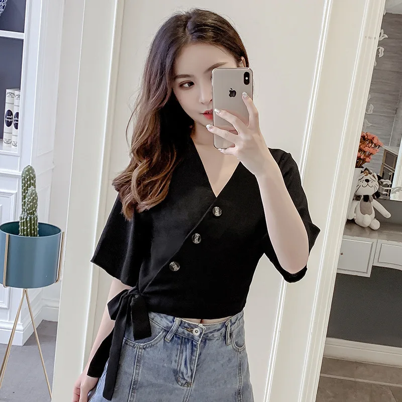 

2019 Summer New Women Short Sleeve Bow Irregular Slim Short Tops Shirts Casual Solid Fashion Chiffon Blouses Shirts