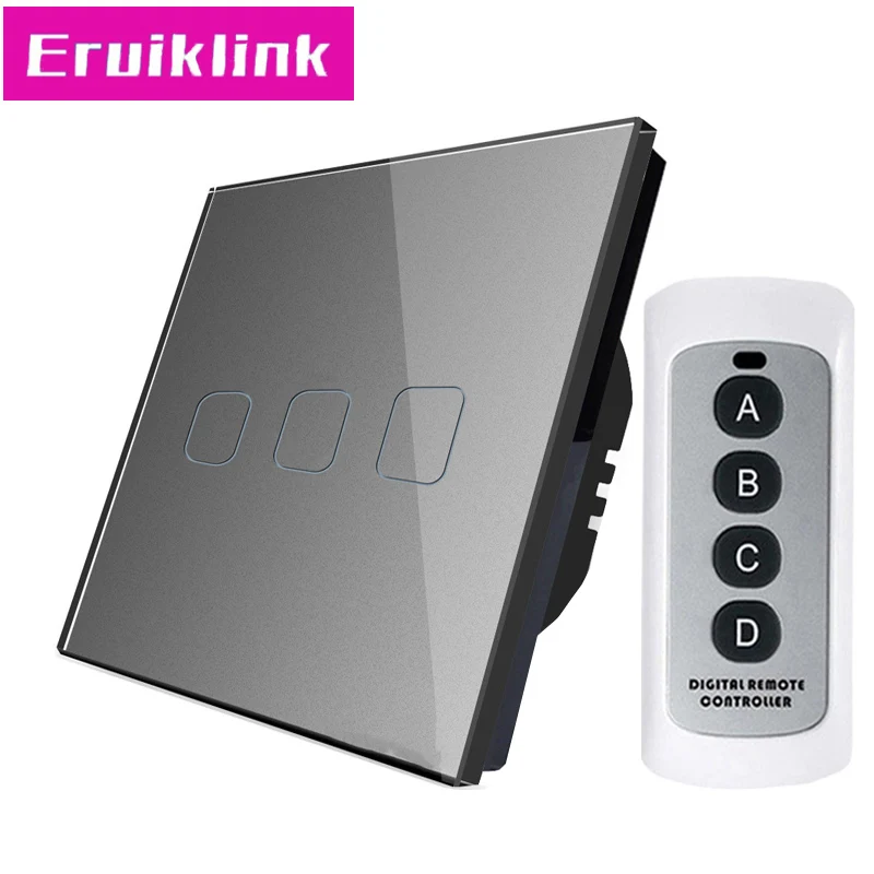 Eruiklink ЕС/Великобритания стандарт 3 банды 1 способ RF433 дистанционное управление Настенные переключатели, 220 В Хрустальная стеклянная панель сенсорный светильник переключатель - Цвет: Gray Switch with RC