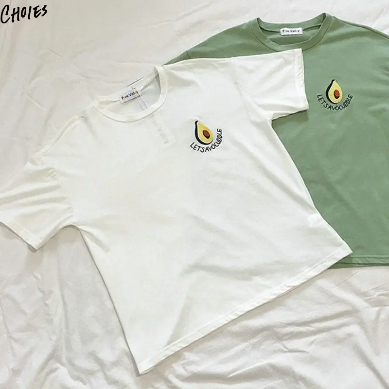 Корейский стиль зеленый вырез лодочкой вышивка авокадо Футболка женская хлопок