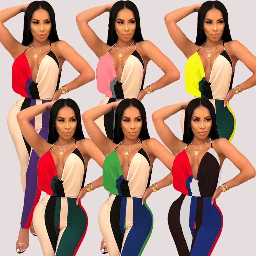 Комбинезон женский с глубоким V образным вырезом пикантный контрастный Ромпер в