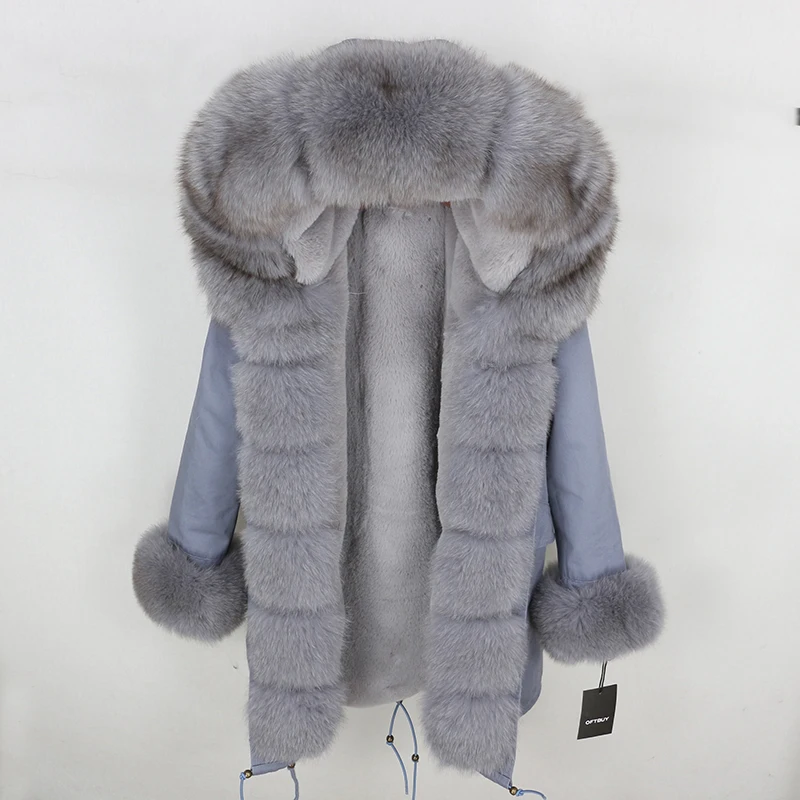 OFTBUY новая зимняя куртка для женщин, пальто из натурального меха, Воротник из натурального Лисьего меха, длинная парка, Большая Меховая верхняя одежда, съемная уличная одежда - Цвет: grey grey