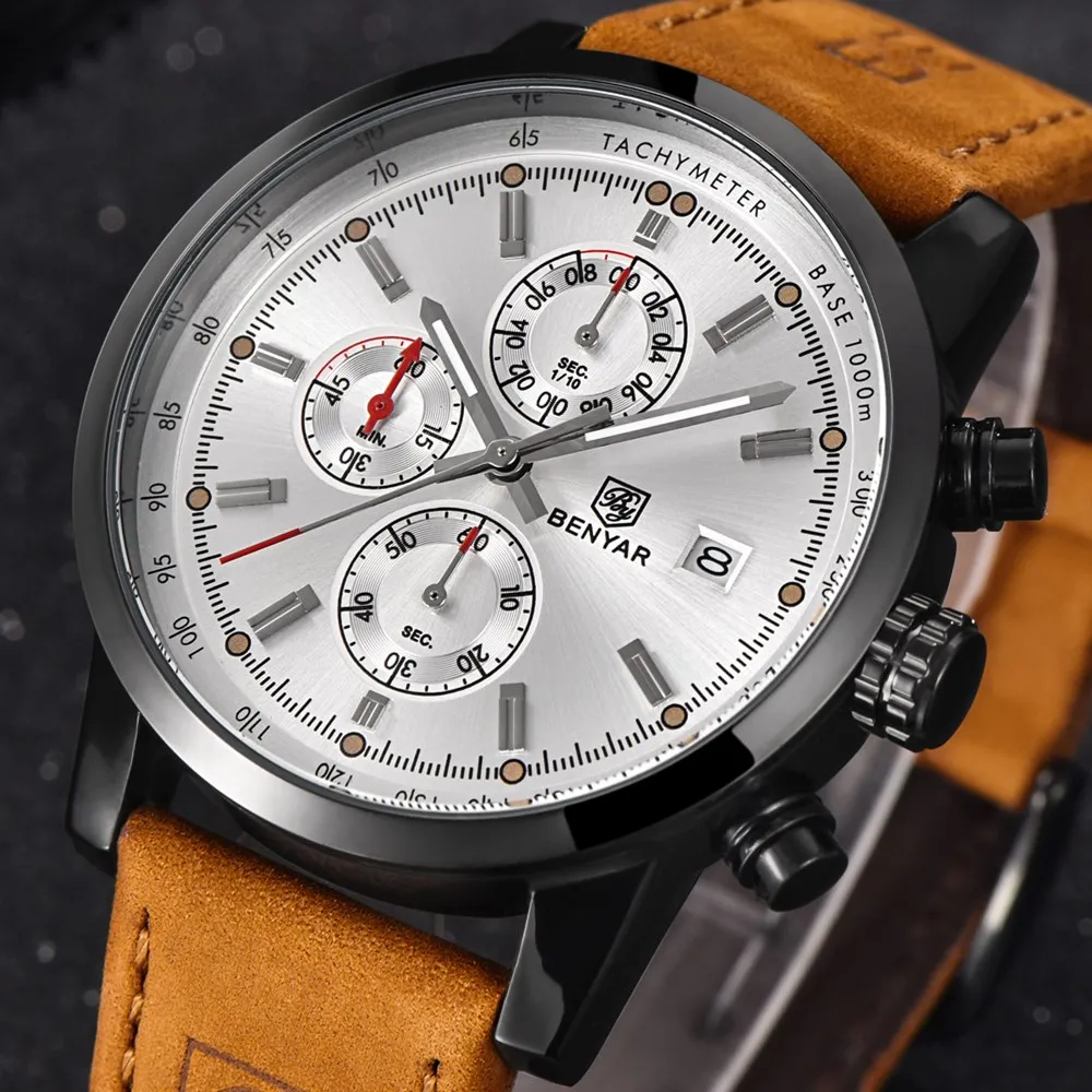 Relojes Hombre, бнейар, кварцевые часы, мужские, брендовые, водонепроницаемые, с хронографом, спортивные, кожаные, военные, наручные часы, Relogio Masculino