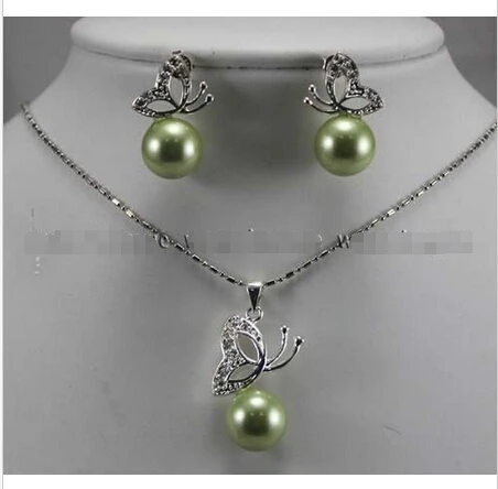 Серьги и ожерелье с подвеской из жемчуга в виде яблока зеленого цвета 12 мм|sea shell