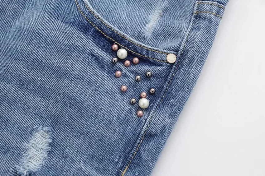 Новинка 2017 модные рваные джинсы с бисером женские высокой талией в стиле