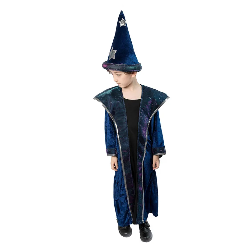 Kid Boys Girls Halloween Magician Wizard Costume Funny Dress Maxi Gown Robe Hat Set Party Performance Clothing For Little Chid |