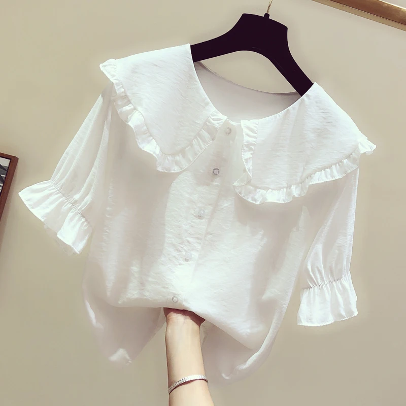 2019 New Women Spring Summer Blouses Peter Pan Collar Solid Shorts Sleeve Loose Flouncing Chiffon Shirt Female Casual Tops |