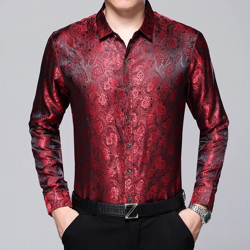 Мужская шелковая рубашка с длинным рукавом цветочным принтом | одежда