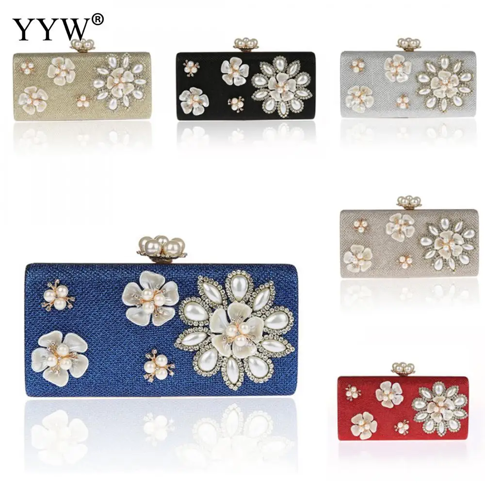 

Fashion Women Clutch Bags With Rhinestone Pearl Trendy Wedding Bolsa Feminina Zinc Alloy Floral Mini Day Clutches Luxury Bags