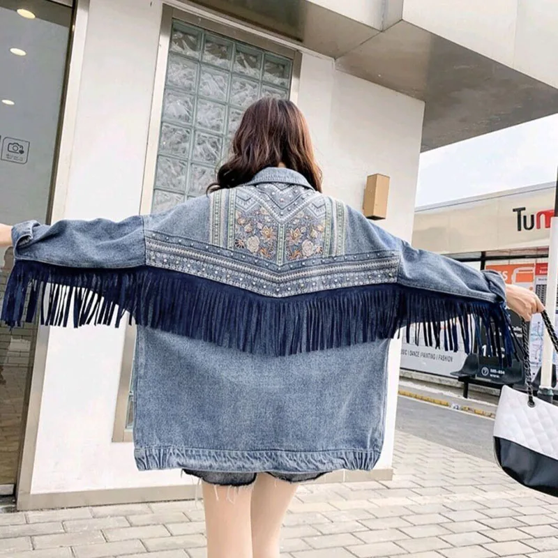 Возможно U женская джинсовая куртка синяя свободная байкерская с вышивкой