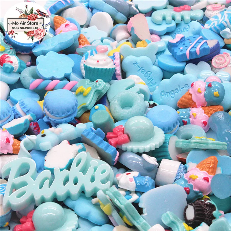 

mix design dessert Cartoon Blue ice color 20pcs Resin Flat back Cabochon Art Supply Decoration Charm Craft