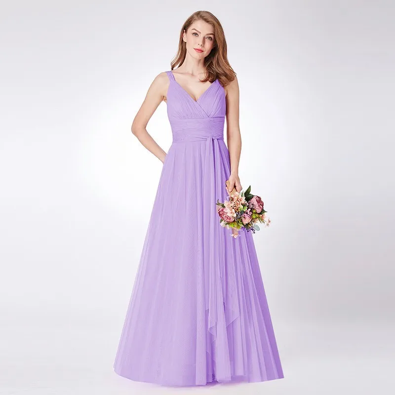 Lavender Длинные платья для выпускного Ever Pretty, платья из тюля с V-образным вырезом, без рукавов, трапециевидного силуэта, сине-зеленого, розового цвета, EP07303, весна-лето - Цвет: Lavender