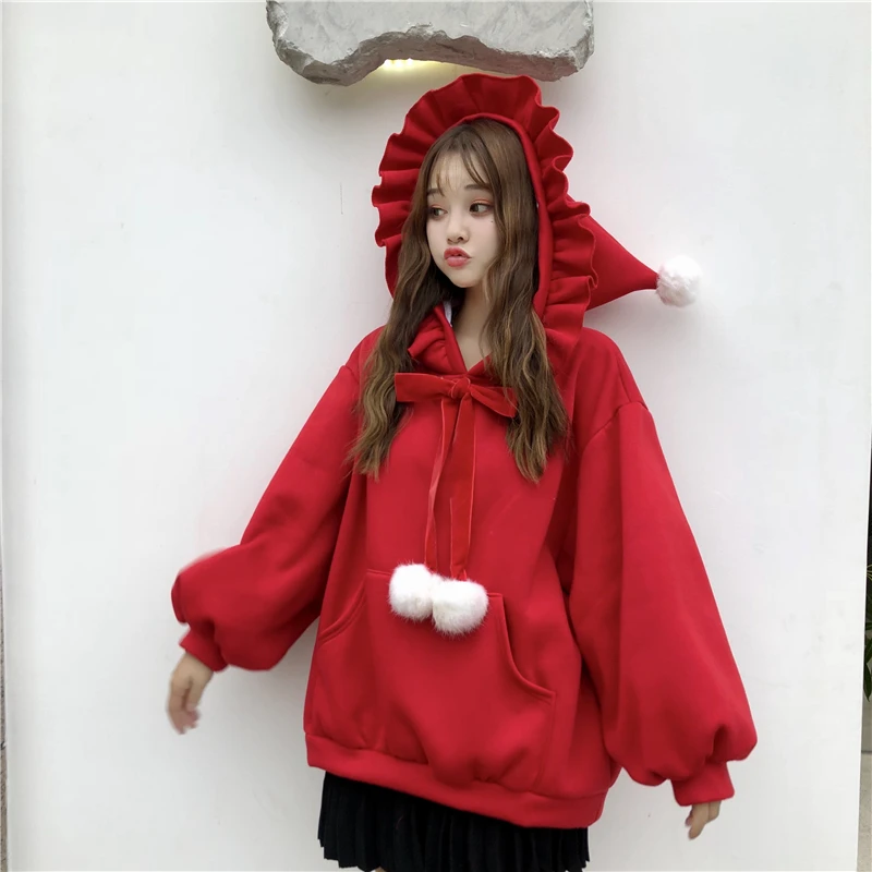 Женский Теплый пуловер с капюшоном Kawaii длинная Рождественская Толстовка