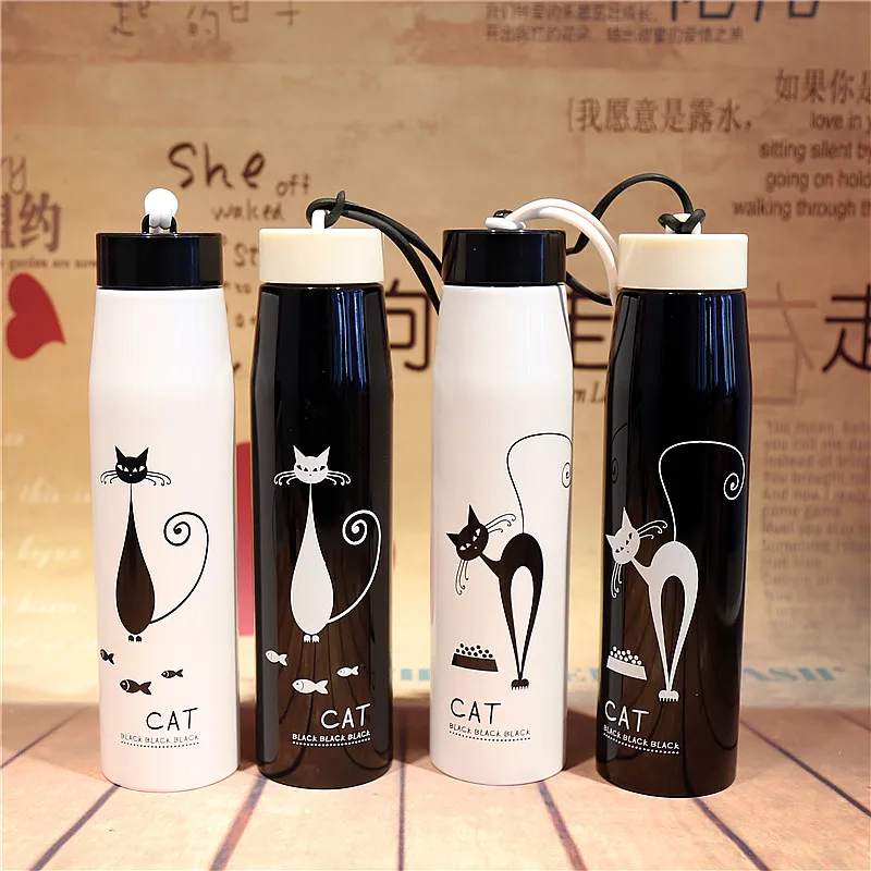 New type of thermos cup male and female students Korean fresh art black white simple cat cute lovers water portable | Дом и сад