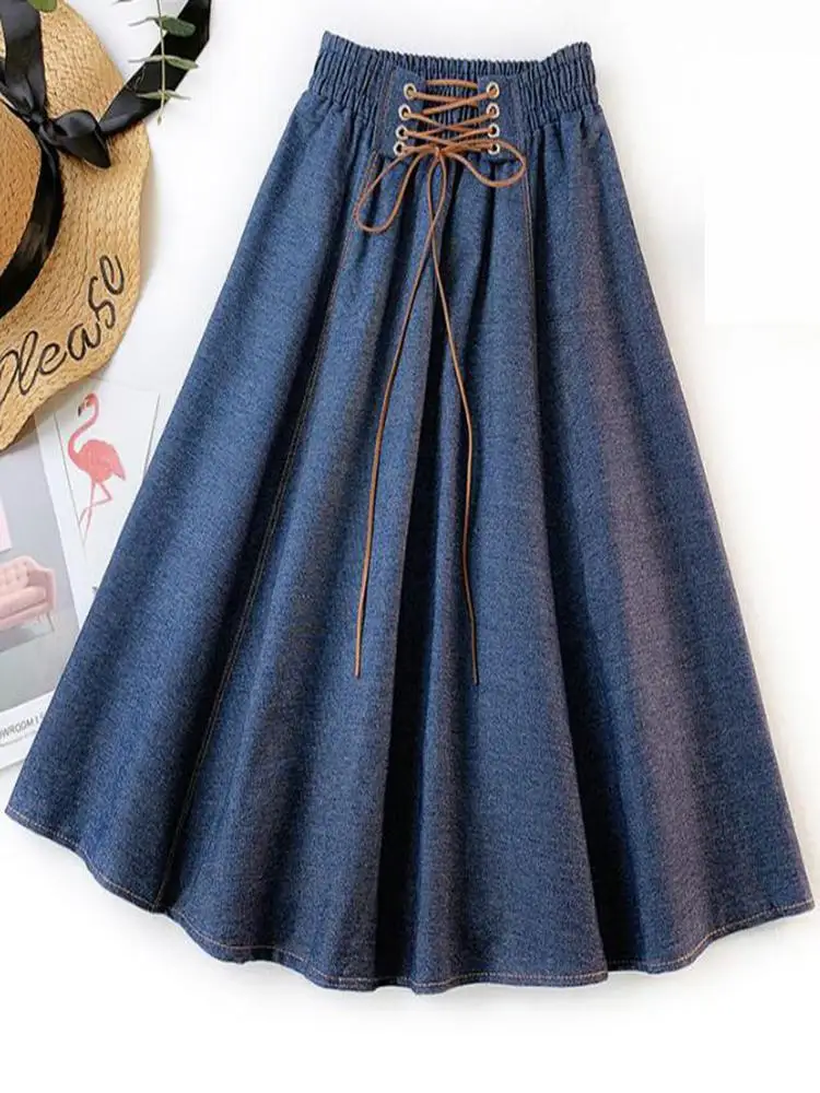

2019 Summer New Arrival High-waist Denim Skirt Slim A-Line Large Pendulum Saias Na Altura Do Joelho Lace-Up Waist clothes