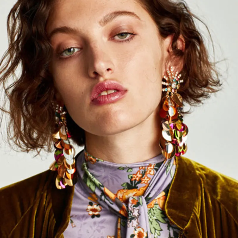 

BK Fashion Luxury Sequin Tassel Long Drop Earrings for Women Full Leaves Shape Vintage Handmade Long Chain Earing Girls 7Colors