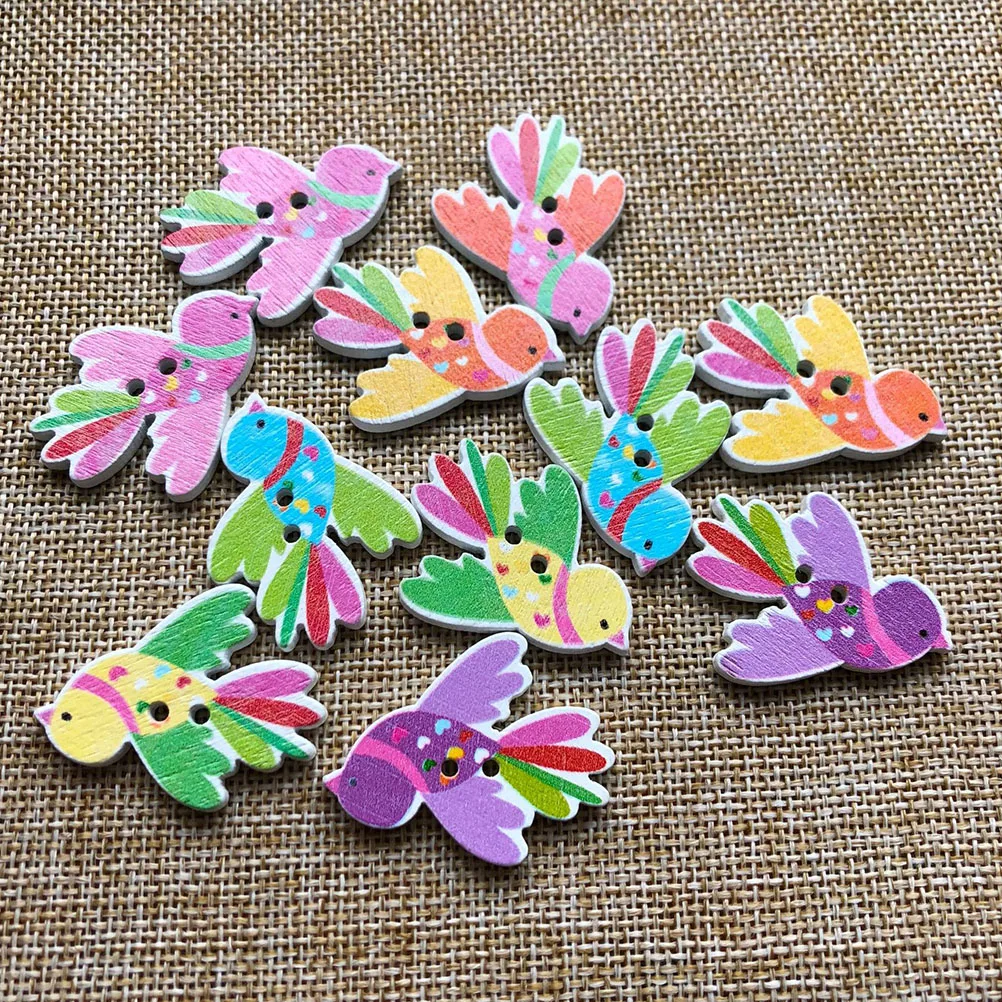 50 Pcs 35*27mm Wooden Buttons Random Mixed DIY Bird Painting 2 Holes Wood Button for Sewing Clothing Crafting | Дом и сад