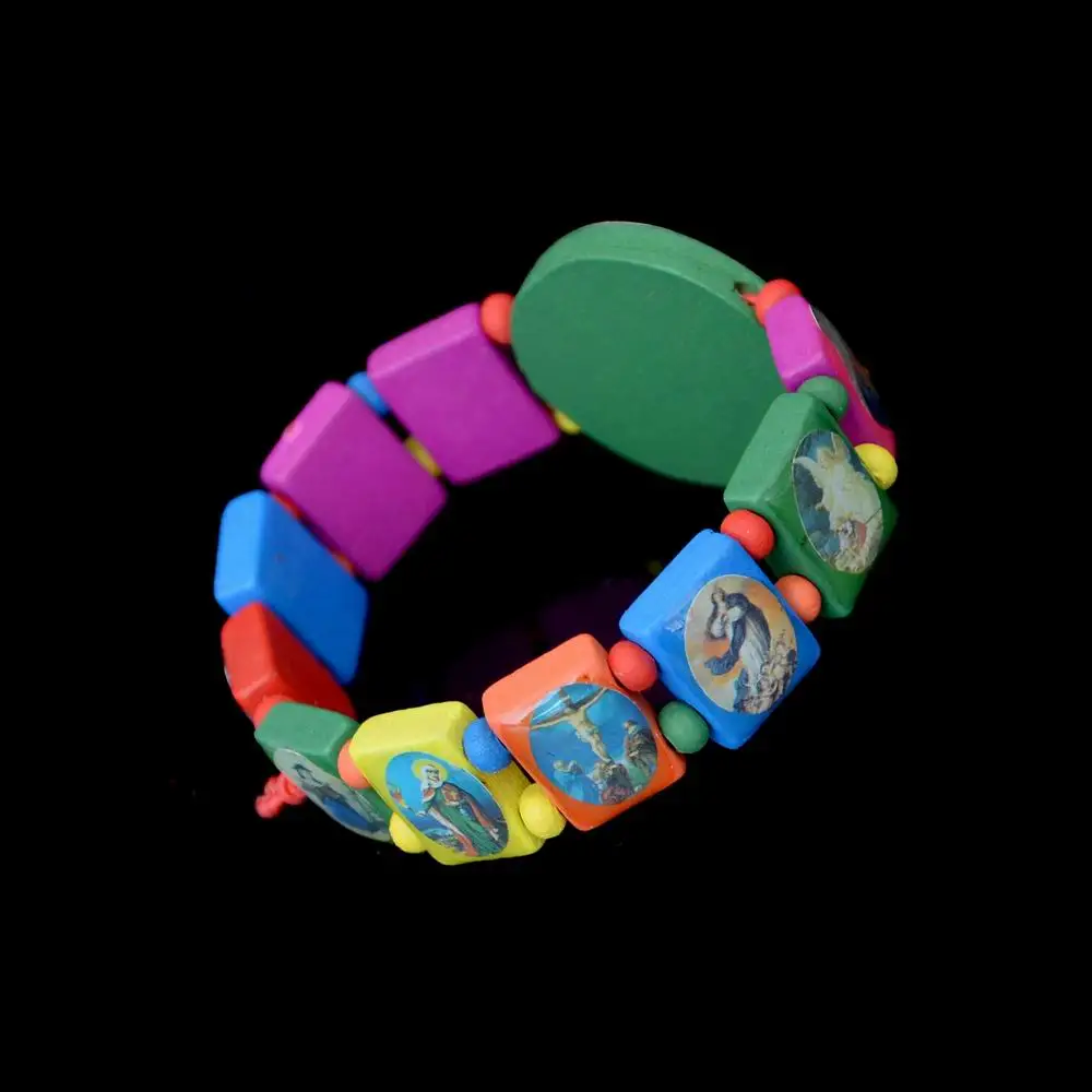 Кристиан Красочные Прямоугольник Бисера Упругие Браслеты Вуди Четки Иисус